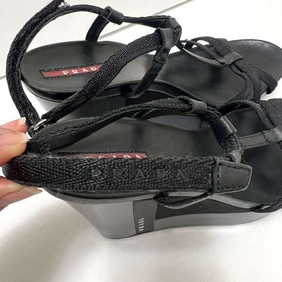 Prada Platform T Strap Wedge Heel Sandal Patent Leather Black EU 40 US 10 - Picture 5 of 15